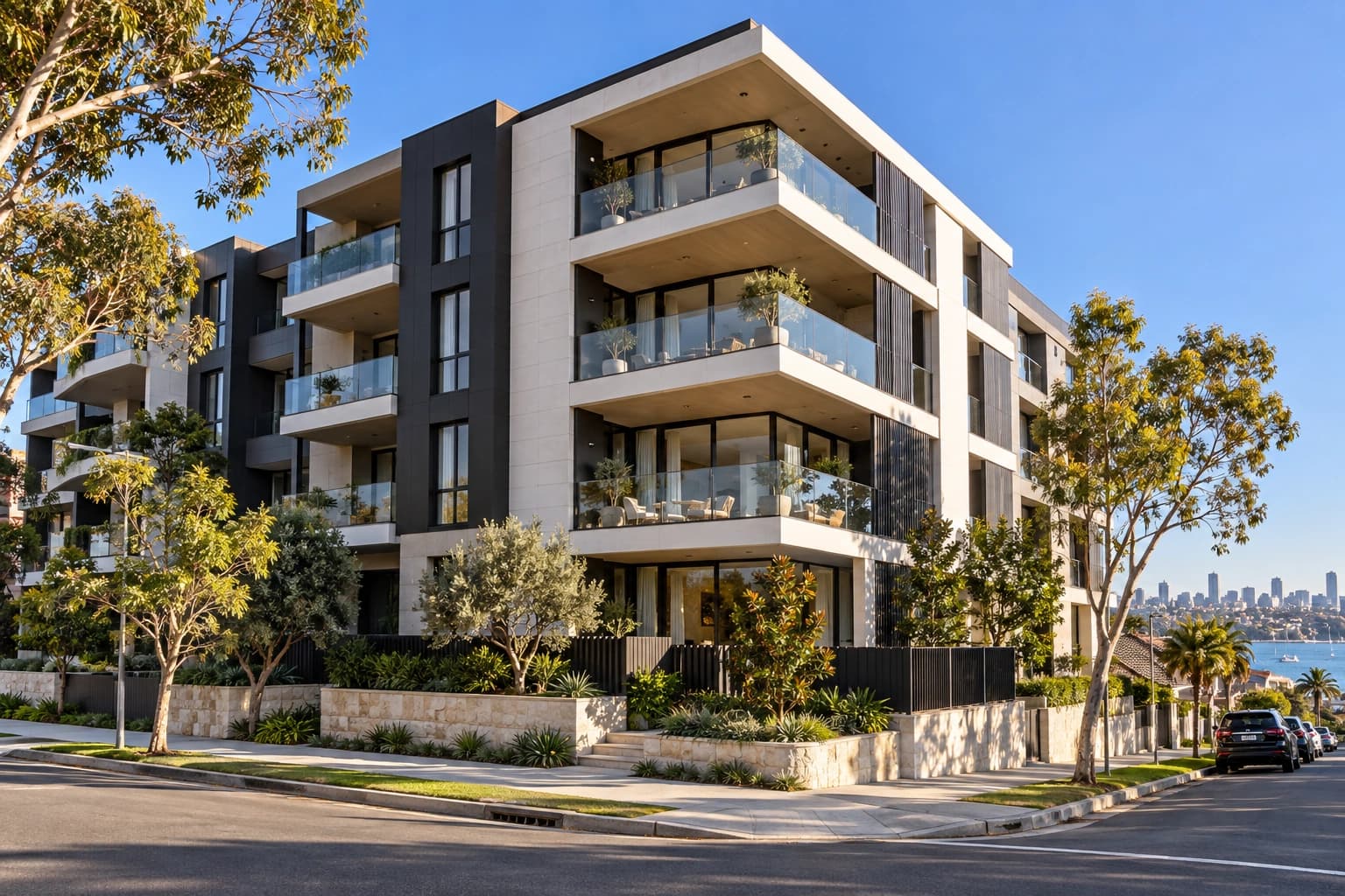 Modern apartment building surrounded by landscaping