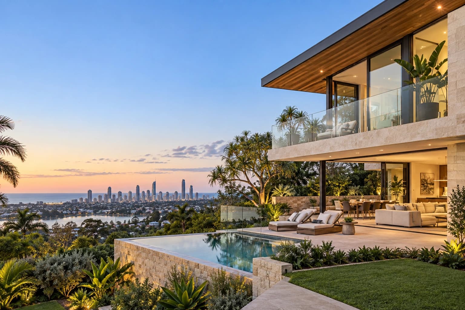 Contemporary property with expansive windows and landscaped surroundings