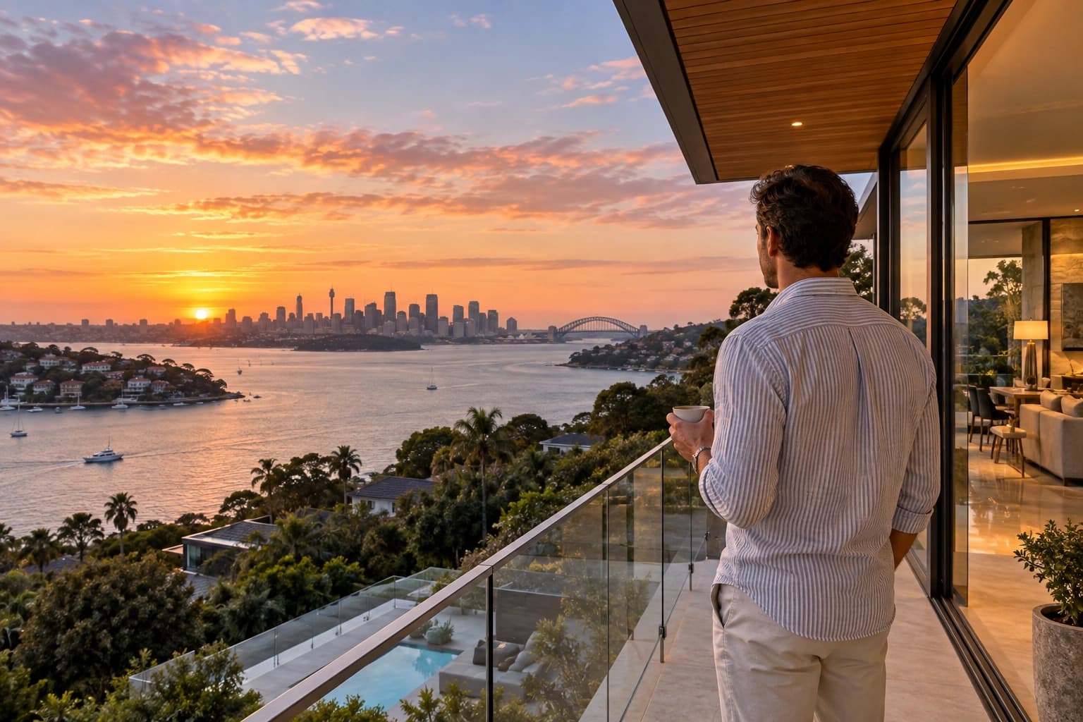 A man looking out over a city from a contemporary home's terrace at sunset