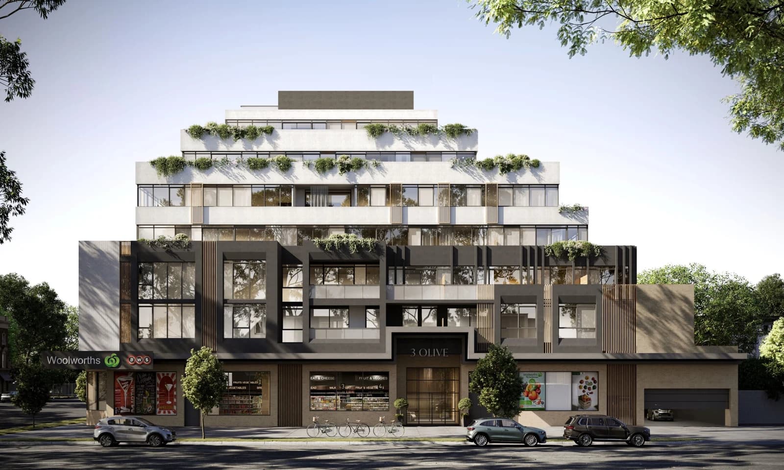 Terraced apartment building with planted balconies in Caulfield, Melbourne