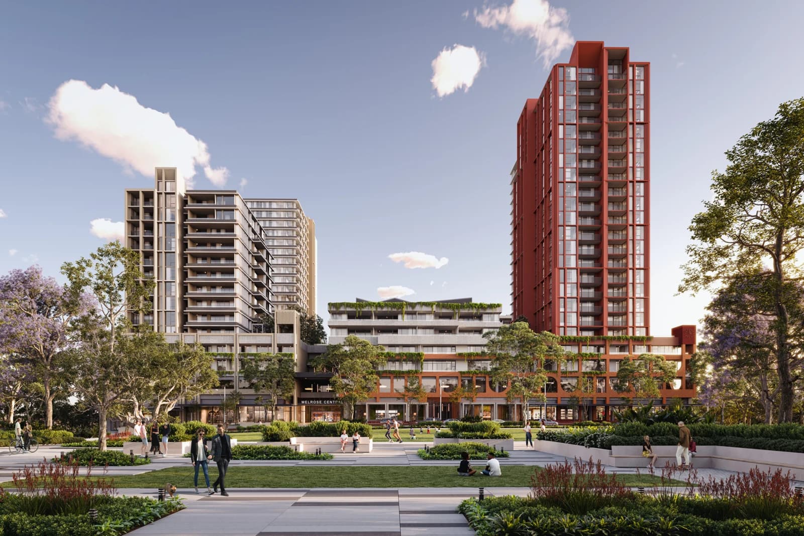 Apartment towers beside landscaped communal gardens in Melrose Park, Sydney