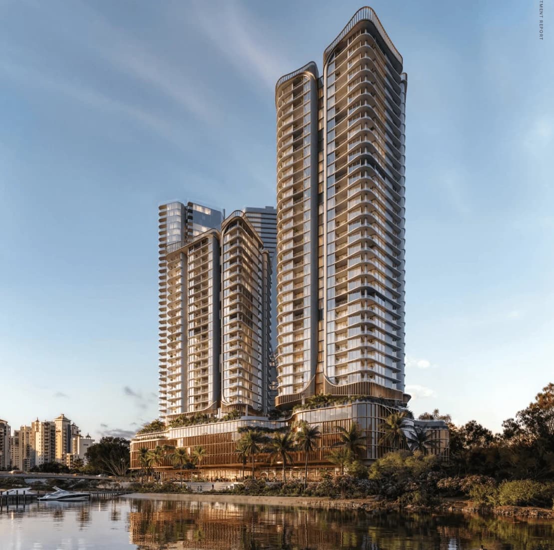 Twin apartment towers above a landscaped podium in Mermaid Beach, Gold Coast
