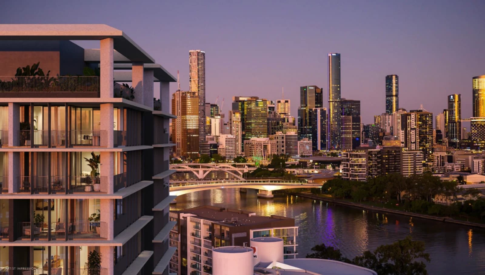 Apartments overlooking the Brisbane River and city skyline in Milton, Brisbane
