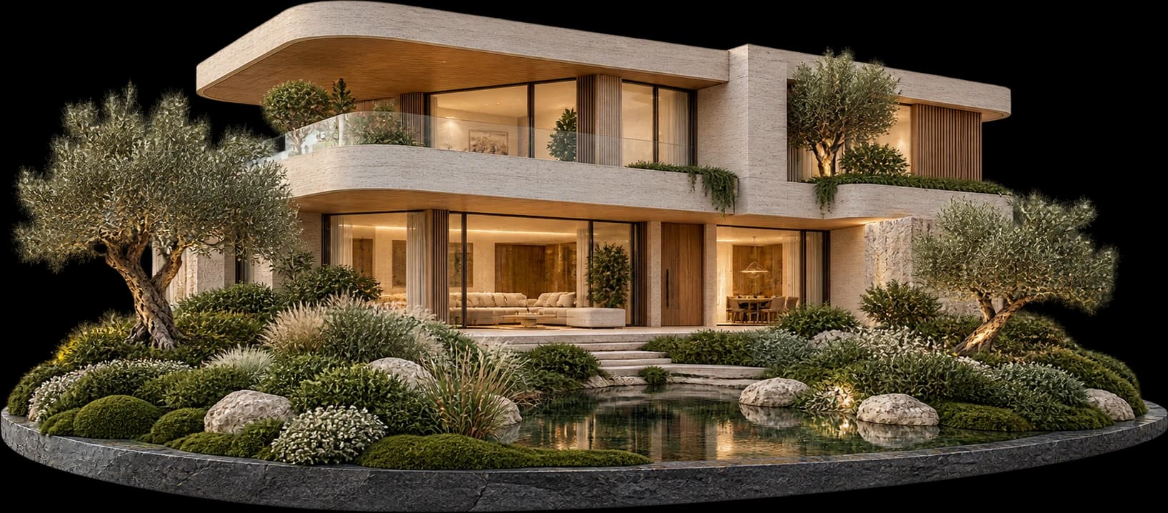Architectural concept of a sculptural travertine residence surrounded by lush gardens and a reflecting pool on a floating stone base
