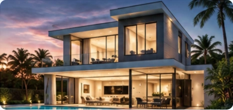 Contemporary two-storey home with illuminated windows and palm trees on the Gold Coast