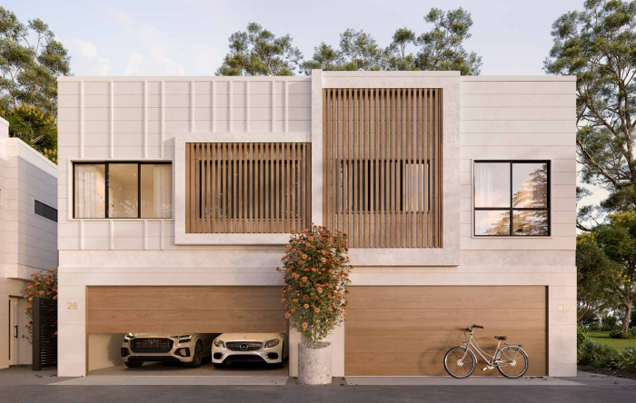Two-storey townhouses with timber screens and garages in Albany Creek, Brisbane