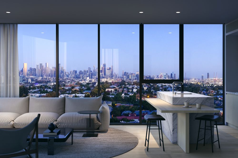 Apartment living room overlooking the city at dusk in Flemington, Melbourne