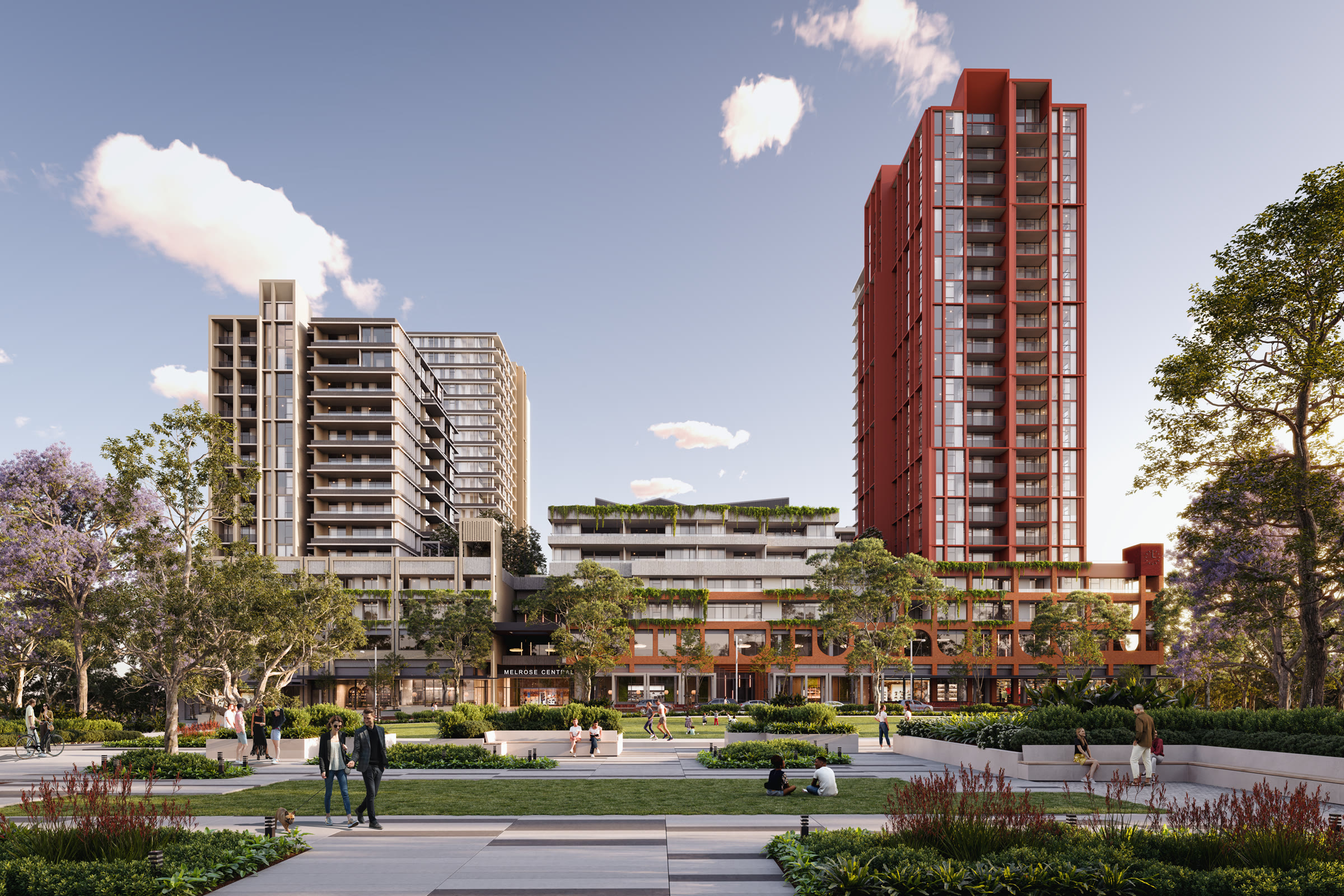 Apartment towers beside landscaped communal gardens in Melrose Park, Sydney