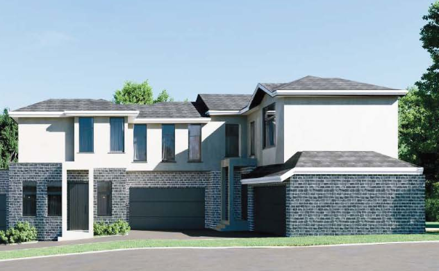 Two-storey townhouses with pitched roofs and garages in Oakleigh, Melbourne