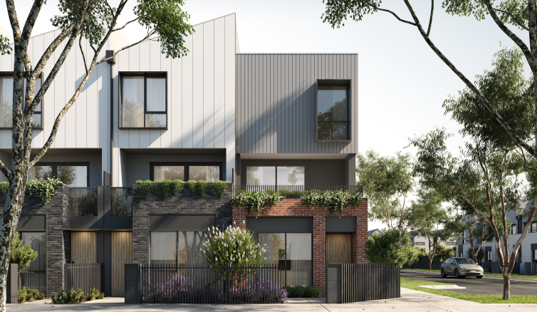 Townhouses with brickwork and metal cladding in South Kingsville, Melbourne