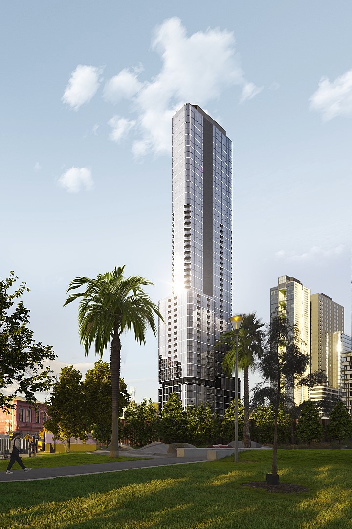 Slender apartment tower rising above palm trees in Southbank, Melbourne