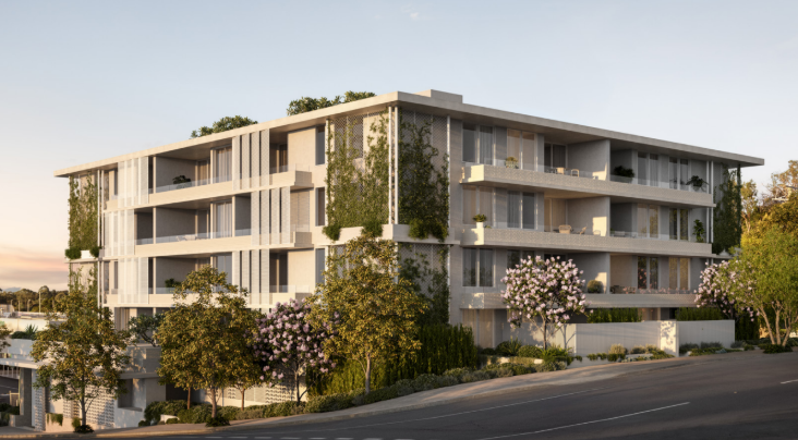 Apartment building on a landscaped sloping street in Stafford Heights, Brisbane